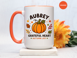 Personalized Pumpkin Name Mug, Custom Aubrey Fall Coffee Cup, Grateful Heart Autumn Gift for Her, Thanksgiving Birthday Keepsake Gift