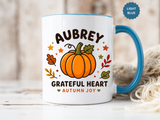 Personalized Pumpkin Name Mug, Custom Aubrey Fall Coffee Cup, Grateful Heart Autumn Gift for Her, Thanksgiving Birthday Keepsake Gift