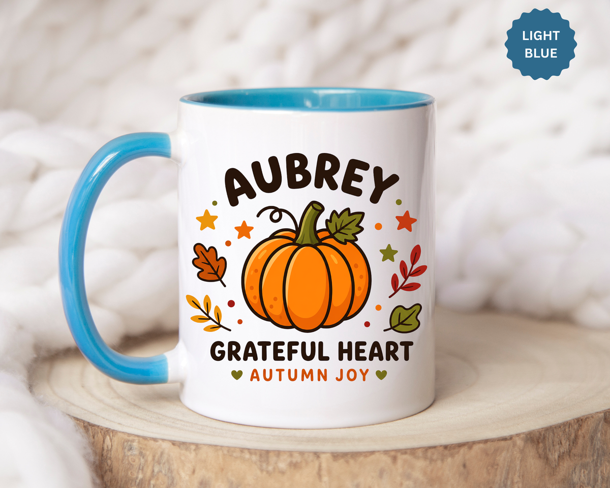 Personalized Pumpkin Name Mug, Custom Aubrey Fall Coffee Cup, Grateful Heart Autumn Gift for Her, Thanksgiving Birthday Keepsake Gift