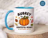 Personalized Pumpkin Name Mug, Custom Aubrey Fall Coffee Cup, Grateful Heart Autumn Gift for Her, Thanksgiving Birthday Keepsake Gift