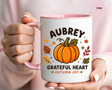 Personalized Pumpkin Name Mug, Custom Aubrey Fall Coffee Cup, Grateful Heart Autumn Gift for Her, Thanksgiving Birthday Keepsake Gift