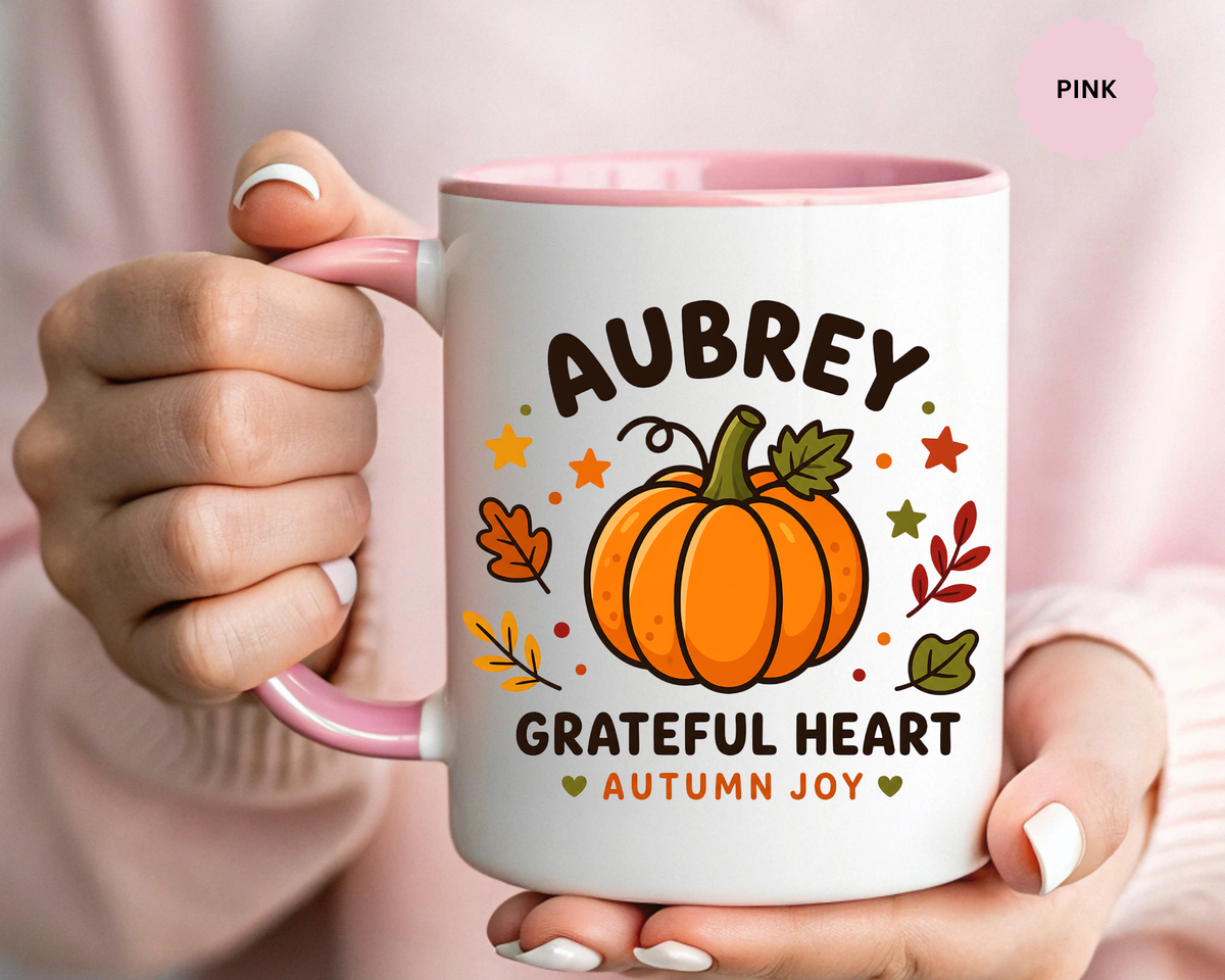 Personalized Pumpkin Name Mug, Custom Aubrey Fall Coffee Cup, Grateful Heart Autumn Gift for Her, Thanksgiving Birthday Keepsake Gift