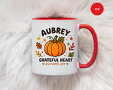 Personalized Pumpkin Name Mug, Custom Aubrey Fall Coffee Cup, Grateful Heart Autumn Gift for Her, Thanksgiving Birthday Keepsake Gift
