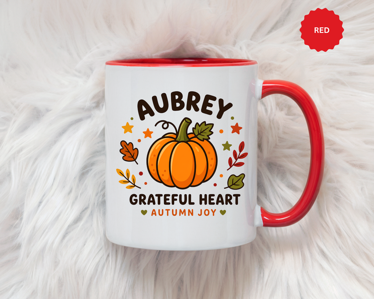 Personalized Pumpkin Name Mug, Custom Aubrey Fall Coffee Cup, Grateful Heart Autumn Gift for Her, Thanksgiving Birthday Keepsake Gift