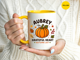 Personalized Pumpkin Name Mug, Custom Aubrey Fall Coffee Cup, Grateful Heart Autumn Gift for Her, Thanksgiving Birthday Keepsake Gift