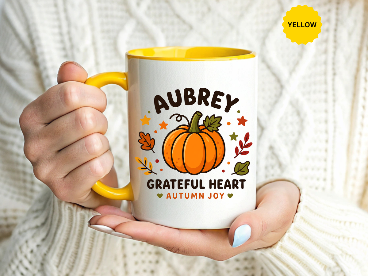 Personalized Pumpkin Name Mug, Custom Aubrey Fall Coffee Cup, Grateful Heart Autumn Gift for Her, Thanksgiving Birthday Keepsake Gift