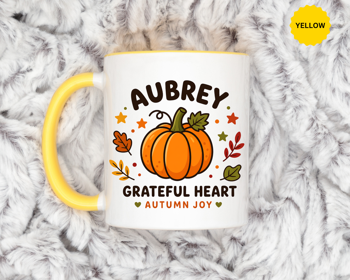 Personalized Pumpkin Name Mug, Custom Aubrey Fall Coffee Cup, Grateful Heart Autumn Gift for Her, Thanksgiving Birthday Keepsake Gift