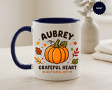 Personalized Pumpkin Name Mug, Custom Aubrey Fall Coffee Cup, Grateful Heart Autumn Gift for Her, Thanksgiving Birthday Keepsake Gift