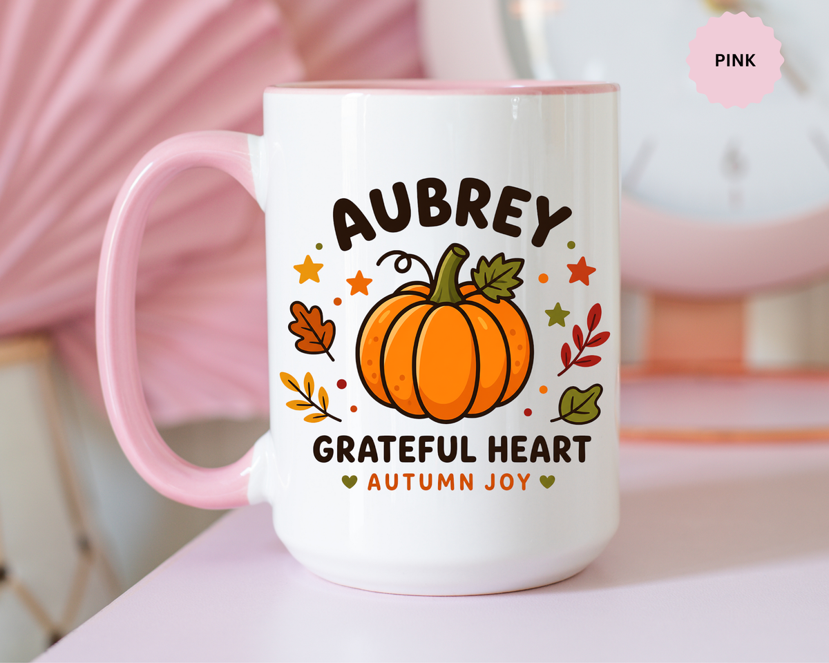 Personalized Pumpkin Name Mug, Custom Aubrey Fall Coffee Cup, Grateful Heart Autumn Gift for Her, Thanksgiving Birthday Keepsake Gift