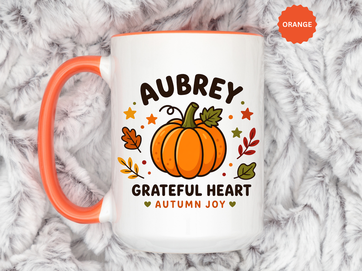 Personalized Pumpkin Name Mug, Custom Aubrey Fall Coffee Cup, Grateful Heart Autumn Gift for Her, Thanksgiving Birthday Keepsake Gift