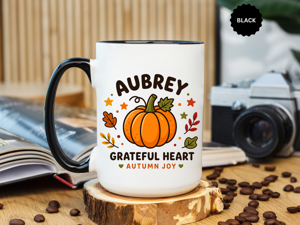 Personalized Pumpkin Name Mug, Custom Aubrey Fall Coffee Cup, Grateful Heart Autumn Gift for Her, Thanksgiving Birthday Keepsake Gift
