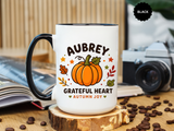 Personalized Pumpkin Name Mug, Custom Aubrey Fall Coffee Cup, Grateful Heart Autumn Gift for Her, Thanksgiving Birthday Keepsake Gift