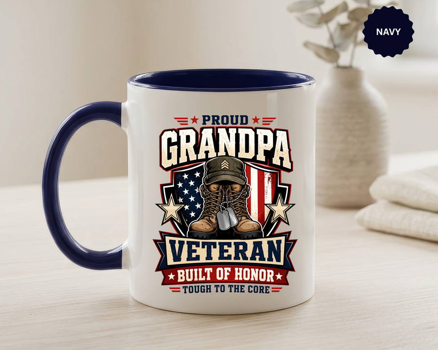 Proud Grandpa Veteran Mug, Military Grandfather Coffee Cup, Patriotic Army Retirement Gift, Veterans Day or Birthday Present for Grandpa