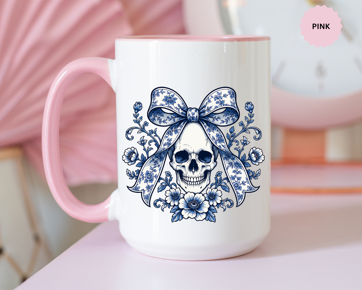 Blue Floral Skull Mug, Gothic Coquette Bow Coffee Cup, Alternative Halloween Gift for Her, Dark Academia Kitchen Decor, Spooky Present