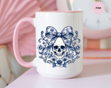 Blue Floral Skull Mug, Gothic Coquette Bow Coffee Cup, Alternative Halloween Gift for Her, Dark Academia Kitchen Decor, Spooky Present