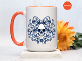Blue Floral Skull Mug, Gothic Coquette Bow Coffee Cup, Alternative Halloween Gift for Her, Dark Academia Kitchen Decor, Spooky Present