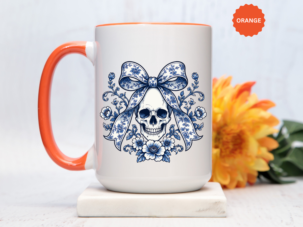 Blue Floral Skull Mug, Gothic Coquette Bow Coffee Cup, Alternative Halloween Gift for Her, Dark Academia Kitchen Decor, Spooky Present