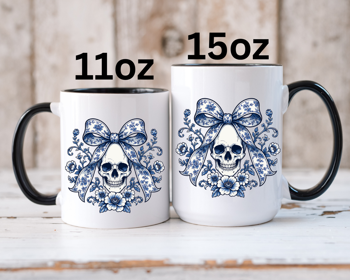 Blue Floral Skull Mug, Gothic Coquette Bow Coffee Cup, Alternative Halloween Gift for Her, Dark Academia Kitchen Decor, Spooky Present