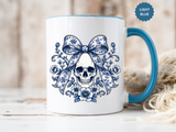 Blue Floral Skull Mug, Gothic Coquette Bow Coffee Cup, Alternative Halloween Gift for Her, Dark Academia Kitchen Decor, Spooky Present