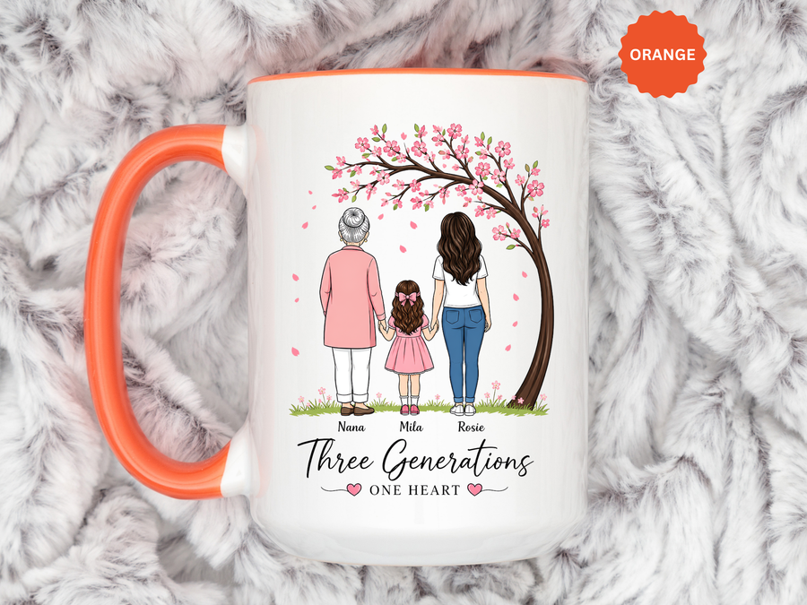 Personalized Three Generations Mug, Custom Grandma Mom Daughter Coffee Cup, Family Name Gift for Mothers Day, One Heart Family Keepsake