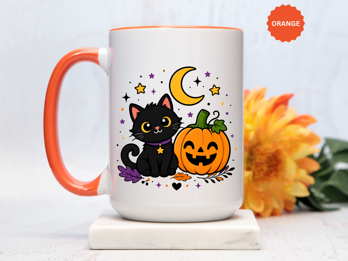 Cute Black Cat Halloween Mug, Pumpkin and Moon Coffee Cup, Spooky Season Gift for Cat Lover, Fall Birthday Present, Witchy Fall Decor