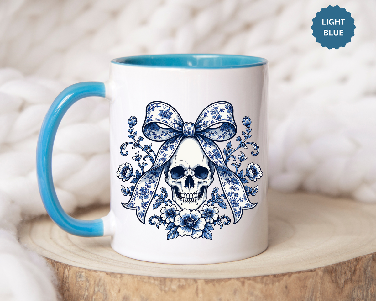 Blue Floral Skull Mug, Gothic Coquette Bow Coffee Cup, Alternative Halloween Gift for Her, Dark Academia Kitchen Decor, Spooky Present