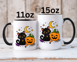 Cute Black Cat Halloween Mug, Pumpkin and Moon Coffee Cup, Spooky Season Gift for Cat Lover, Fall Birthday Present, Witchy Fall Decor
