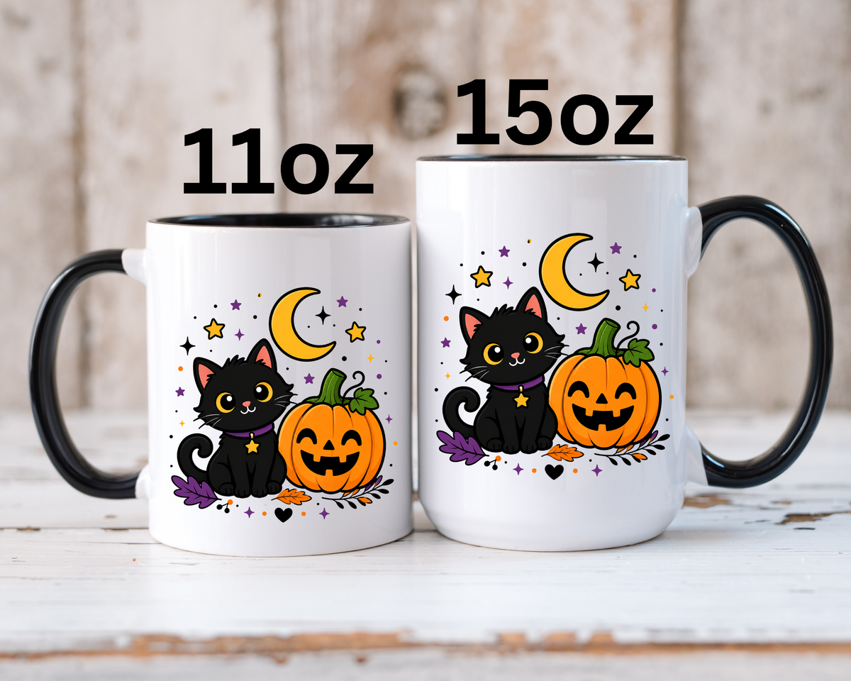 Cute Black Cat Halloween Mug, Pumpkin and Moon Coffee Cup, Spooky Season Gift for Cat Lover, Fall Birthday Present, Witchy Fall Decor