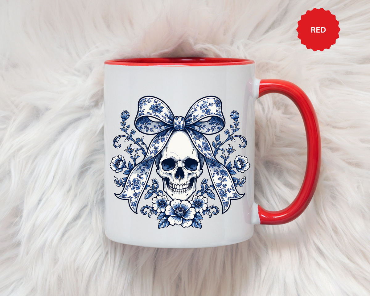 Blue Floral Skull Mug, Gothic Coquette Bow Coffee Cup, Alternative Halloween Gift for Her, Dark Academia Kitchen Decor, Spooky Present