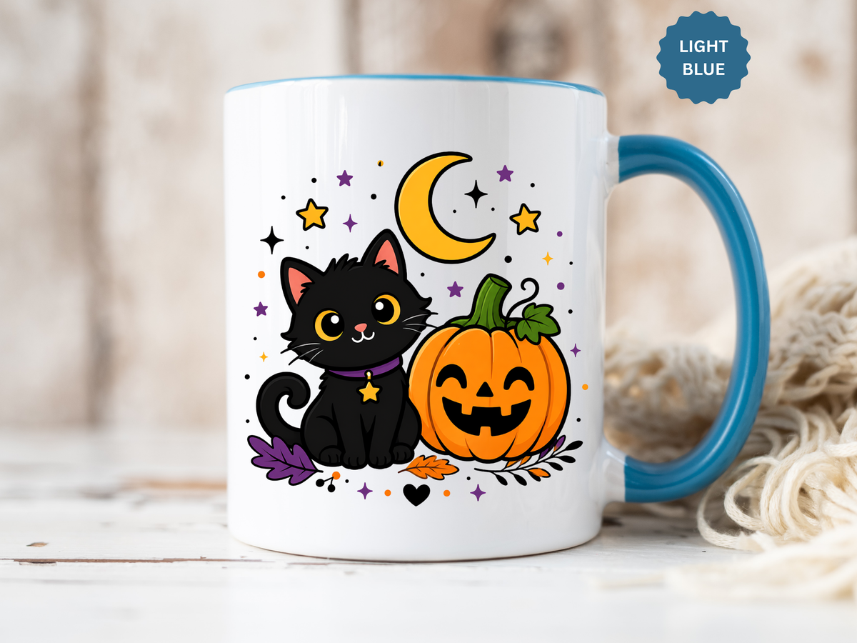 Cute Black Cat Halloween Mug, Pumpkin and Moon Coffee Cup, Spooky Season Gift for Cat Lover, Fall Birthday Present, Witchy Fall Decor