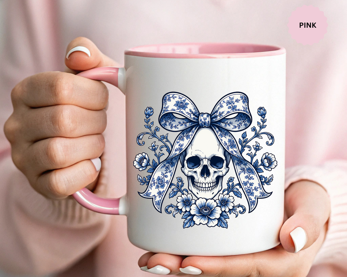 Blue Floral Skull Mug, Gothic Coquette Bow Coffee Cup, Alternative Halloween Gift for Her, Dark Academia Kitchen Decor, Spooky Present