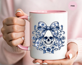 Blue Floral Skull Mug, Gothic Coquette Bow Coffee Cup, Alternative Halloween Gift for Her, Dark Academia Kitchen Decor, Spooky Present