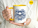 Blue Floral Skull Mug, Gothic Coquette Bow Coffee Cup, Alternative Halloween Gift for Her, Dark Academia Kitchen Decor, Spooky Present
