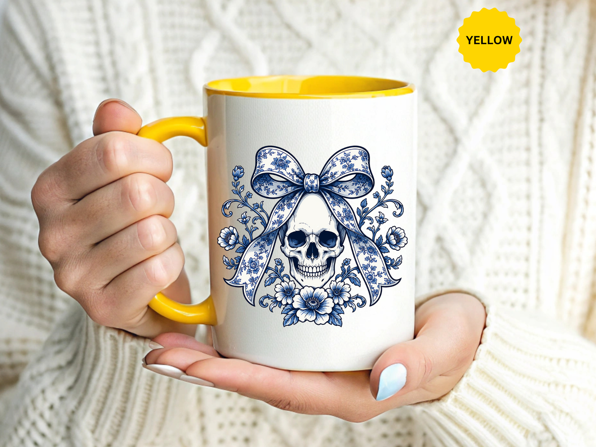 Blue Floral Skull Mug, Gothic Coquette Bow Coffee Cup, Alternative Halloween Gift for Her, Dark Academia Kitchen Decor, Spooky Present