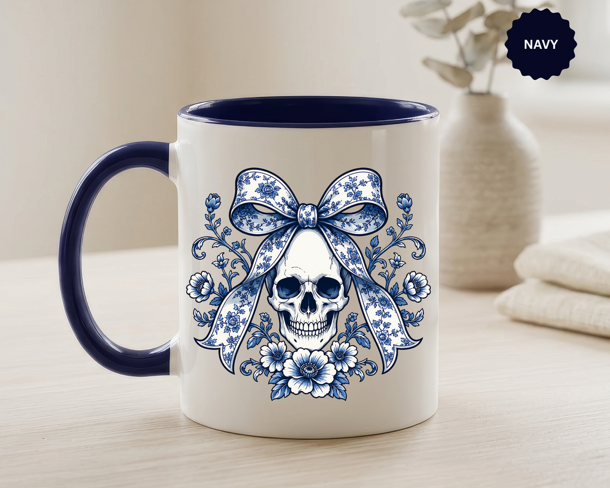 Blue Floral Skull Mug, Gothic Coquette Bow Coffee Cup, Alternative Halloween Gift for Her, Dark Academia Kitchen Decor, Spooky Present