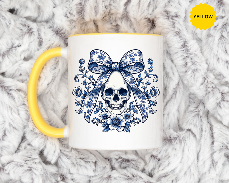 Blue Floral Skull Mug, Gothic Coquette Bow Coffee Cup, Alternative Halloween Gift for Her, Dark Academia Kitchen Decor, Spooky Present