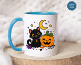 Cute Black Cat Halloween Mug, Pumpkin and Moon Coffee Cup, Spooky Season Gift for Cat Lover, Fall Birthday Present, Witchy Fall Decor