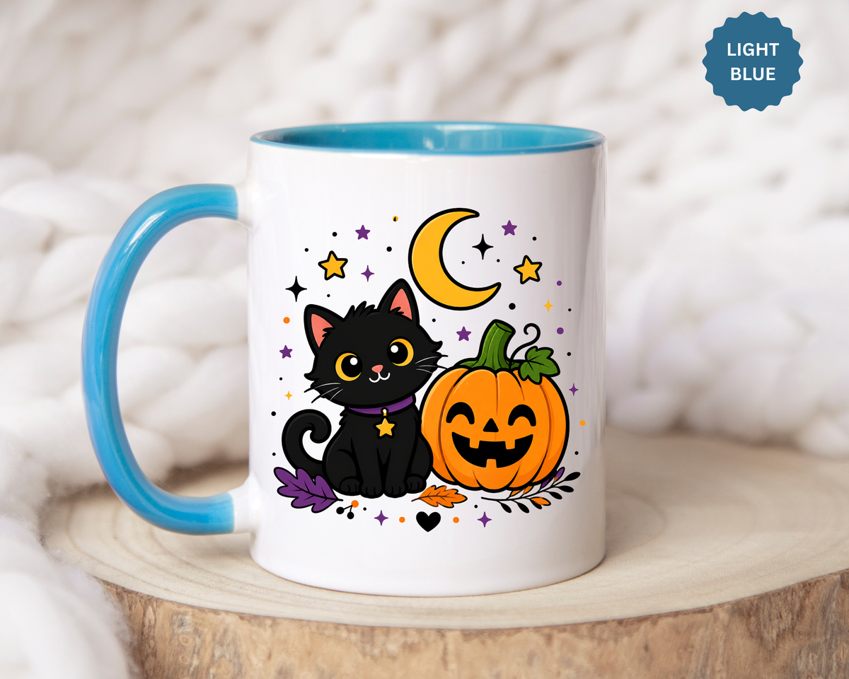 Cute Black Cat Halloween Mug, Pumpkin and Moon Coffee Cup, Spooky Season Gift for Cat Lover, Fall Birthday Present, Witchy Fall Decor
