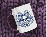 Blue Floral Skull Mug, Gothic Coquette Bow Coffee Cup, Alternative Halloween Gift for Her, Dark Academia Kitchen Decor, Spooky Present