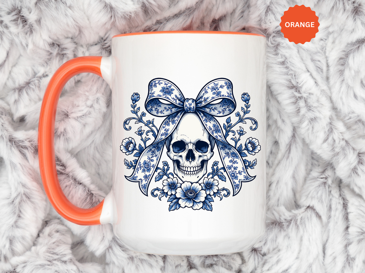 Blue Floral Skull Mug, Gothic Coquette Bow Coffee Cup, Alternative Halloween Gift for Her, Dark Academia Kitchen Decor, Spooky Present