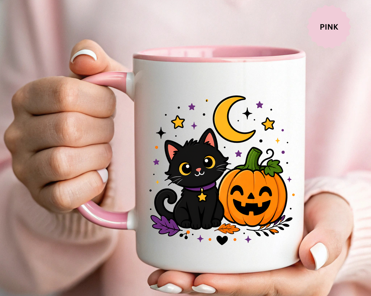 Cute Black Cat Halloween Mug, Pumpkin and Moon Coffee Cup, Spooky Season Gift for Cat Lover, Fall Birthday Present, Witchy Fall Decor