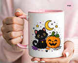 Cute Black Cat Halloween Mug, Pumpkin and Moon Coffee Cup, Spooky Season Gift for Cat Lover, Fall Birthday Present, Witchy Fall Decor