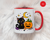 Cute Black Cat Halloween Mug, Pumpkin and Moon Coffee Cup, Spooky Season Gift for Cat Lover, Fall Birthday Present, Witchy Fall Decor