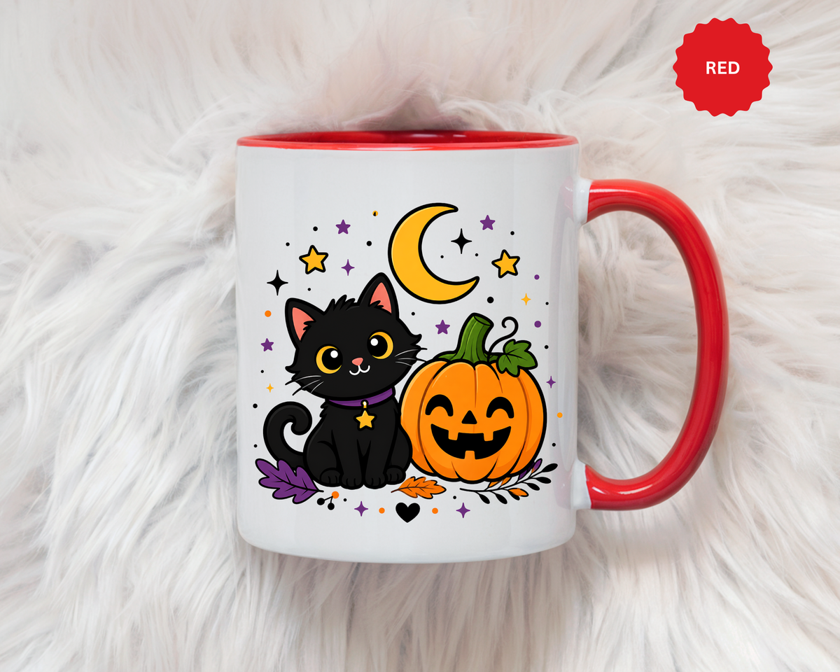 Cute Black Cat Halloween Mug, Pumpkin and Moon Coffee Cup, Spooky Season Gift for Cat Lover, Fall Birthday Present, Witchy Fall Decor