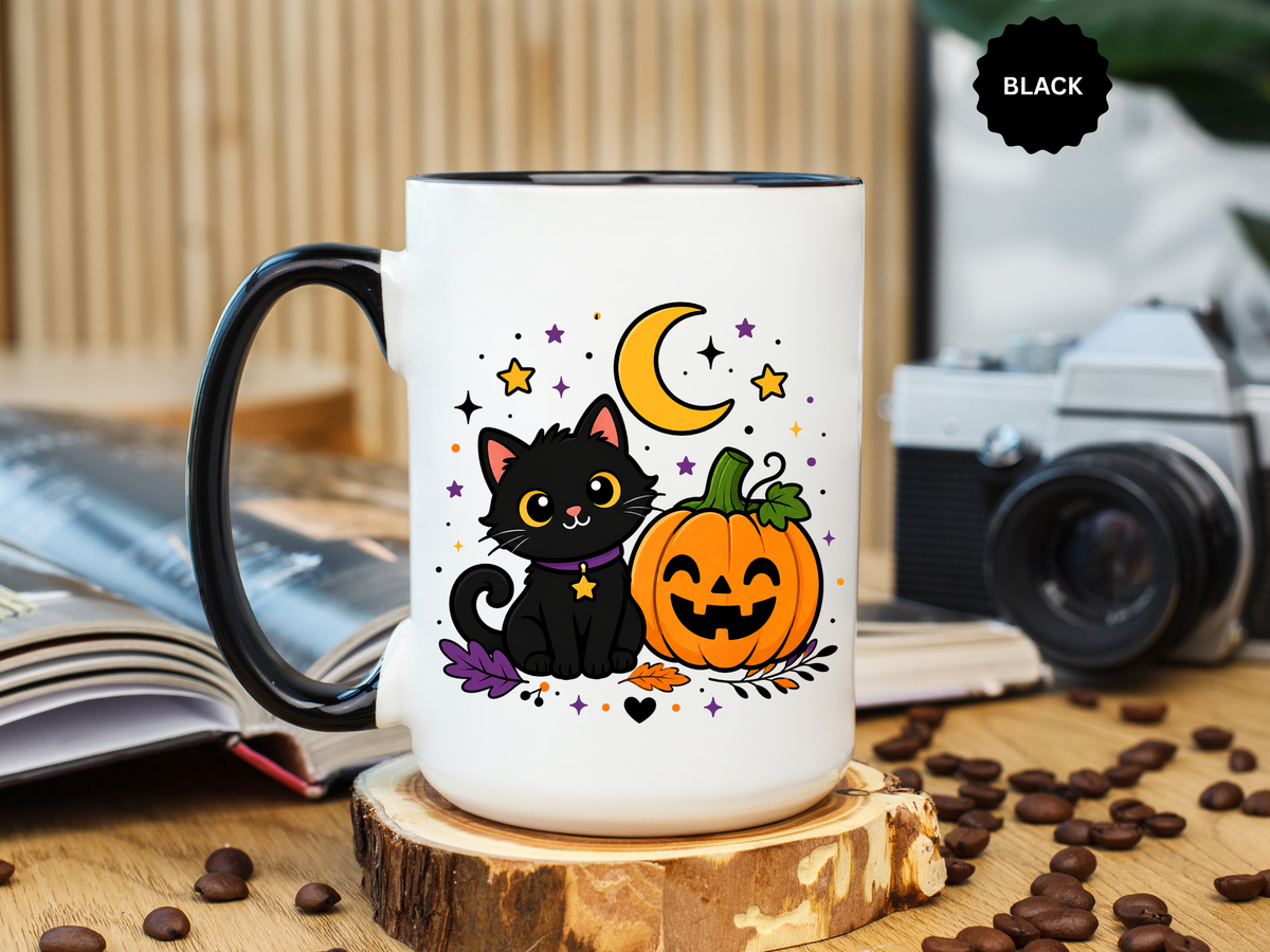 Cute Black Cat Halloween Mug, Pumpkin and Moon Coffee Cup, Spooky Season Gift for Cat Lover, Fall Birthday Present, Witchy Fall Decor