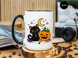 Cute Black Cat Halloween Mug, Pumpkin and Moon Coffee Cup, Spooky Season Gift for Cat Lover, Fall Birthday Present, Witchy Fall Decor