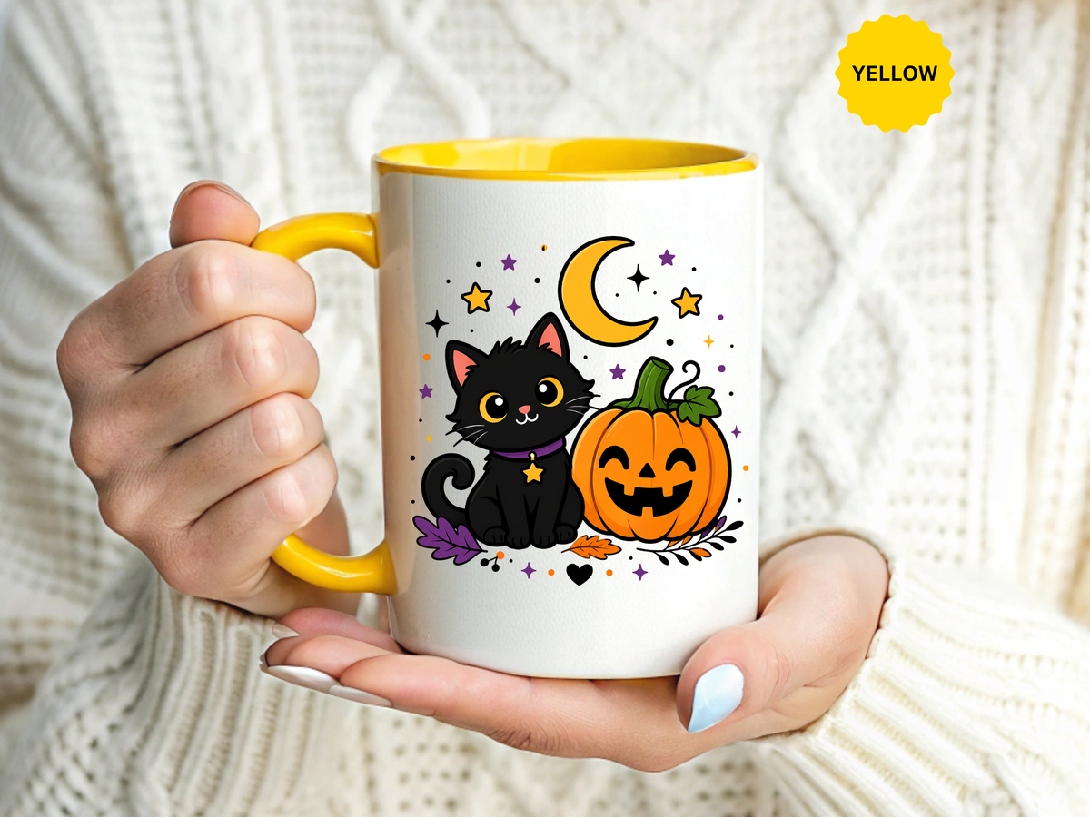Cute Black Cat Halloween Mug, Pumpkin and Moon Coffee Cup, Spooky Season Gift for Cat Lover, Fall Birthday Present, Witchy Fall Decor