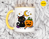 Cute Black Cat Halloween Mug, Pumpkin and Moon Coffee Cup, Spooky Season Gift for Cat Lover, Fall Birthday Present, Witchy Fall Decor