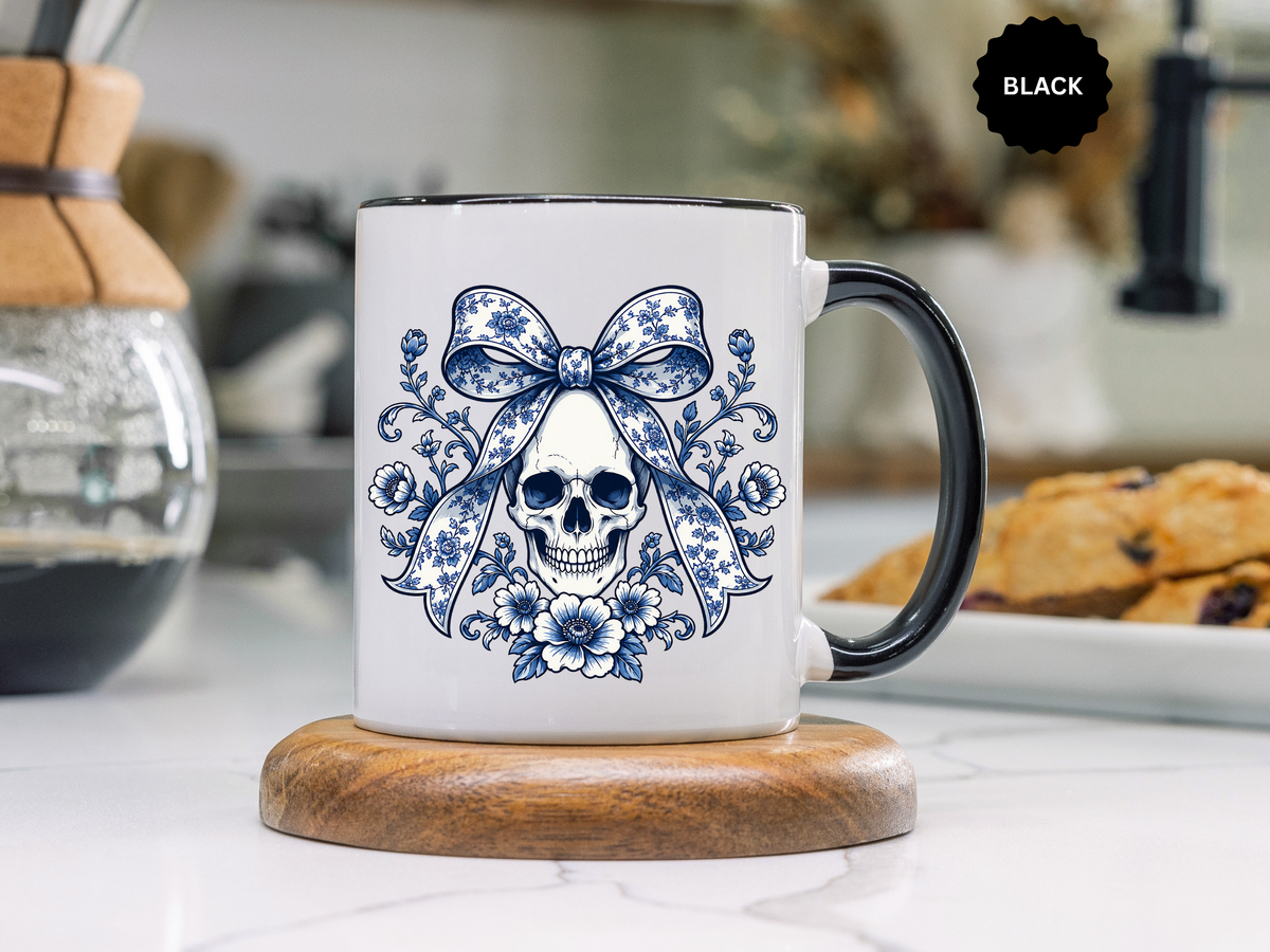 Blue Floral Skull Mug, Gothic Coquette Bow Coffee Cup, Alternative Halloween Gift for Her, Dark Academia Kitchen Decor, Spooky Present