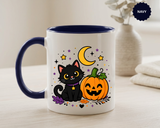 Cute Black Cat Halloween Mug, Pumpkin and Moon Coffee Cup, Spooky Season Gift for Cat Lover, Fall Birthday Present, Witchy Fall Decor